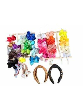Colorful Girls Hair Bow Set With Wooden Organizer Includes 26 Bows & 3 Headbands